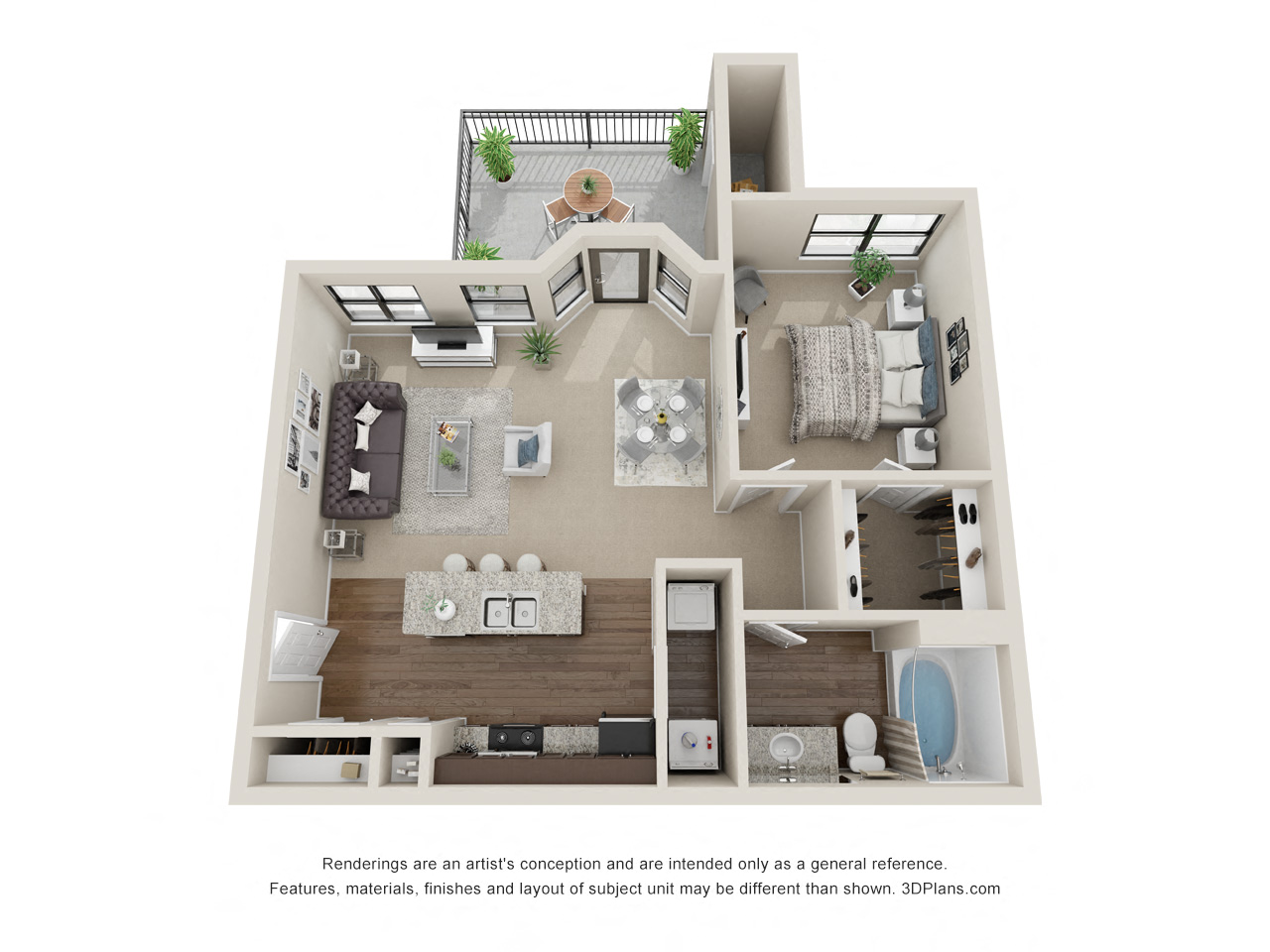 Floor plan for 1 bed, 1 bath, 646 sqft